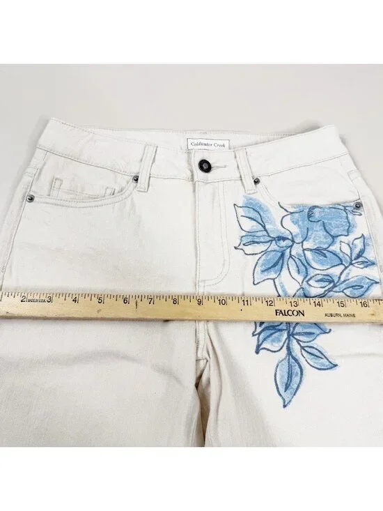 Coldwater Creek Sz 4 ( Actual 29x31) Beige Blue Flowers Bootcut Jeans EUC - Picture 5 of 10